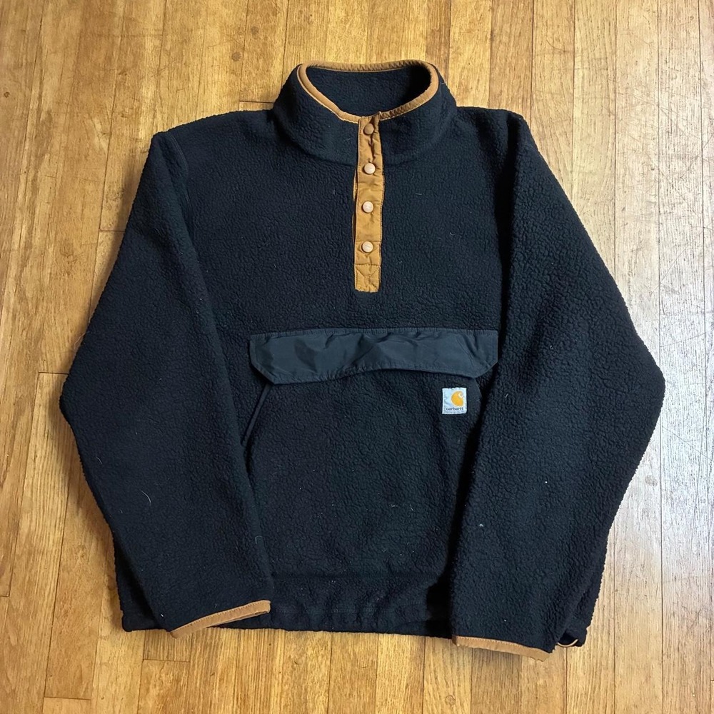 Carhartt Relaxed Fit Black Fleece Snap Pullover Jacket XL Brown Trim 0J4991-M